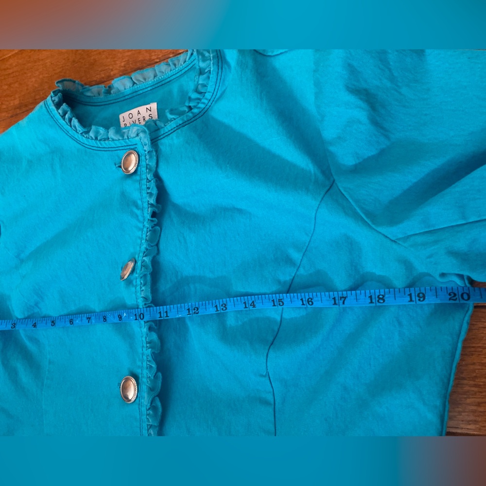 Joan Rivers Turquoise Ruffle Trim Jacket Silver Buttons Size 10 - Picture 7 of 9